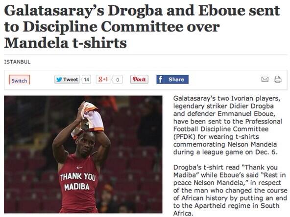  F**king Disgrace: Galatasarays Drogba &amp; Eboue sent to Discipline Committee over Mandela t shirts