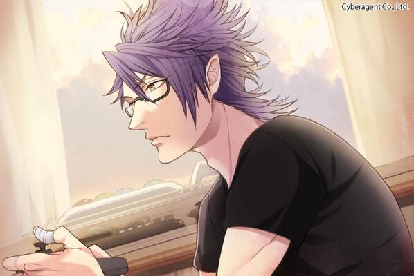 1boy male focus glasses solo purple hair shirt pointy ears  illustration images