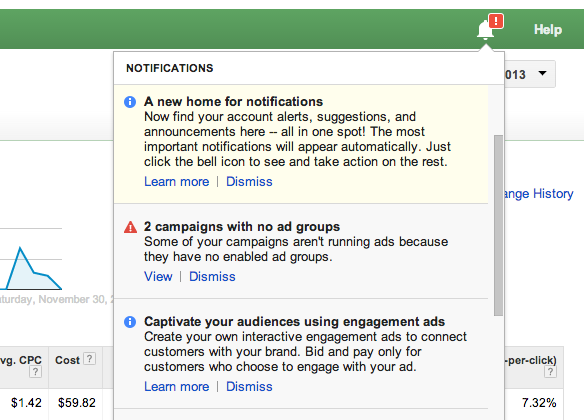 PPCJedi's tweet photo. Definitely loving the new @adwords Notification button, over the old yellow boxes that hijacked top of UI. #ppcchat http://t.co/3tRSaeE76p