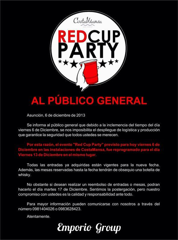 sensesstage's tweet image. Por inclemencia del tiempo RED CUP PARTY pasa para el próximo viernes 13/12 en @CostaMansa #ItsNotAPartyWithoutReds