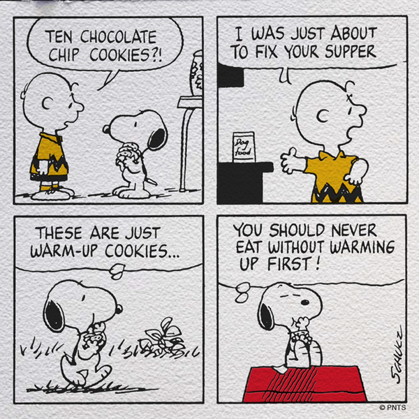 An afternoon snack with Snoopy and Charlie Brown.