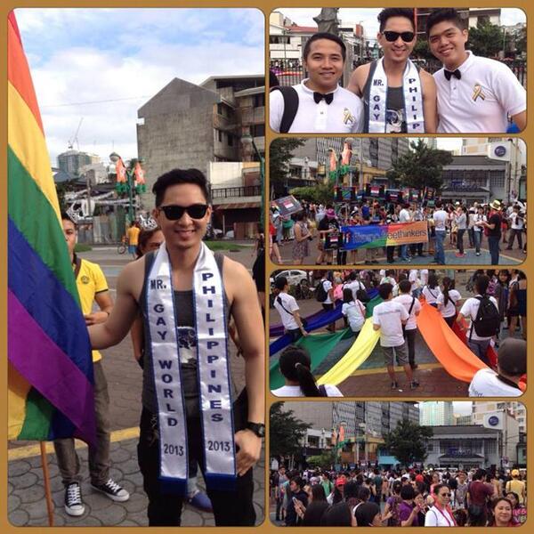 TWkLGBTQ's tweet image. Mr. Gay World Philippines 2013 @@Mhar_modelQT during the Metro Manila Pride March 2013

#StrengthInColors