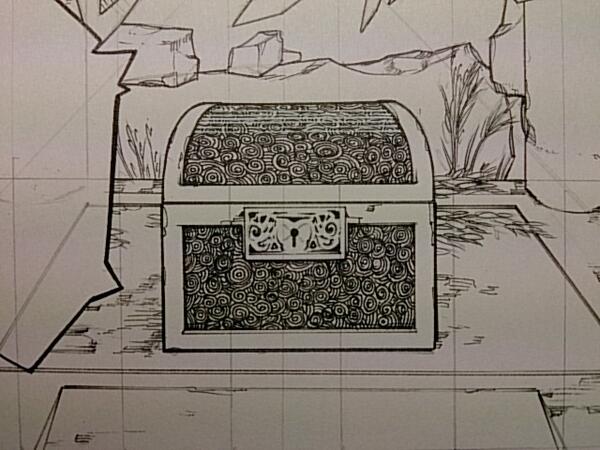 ちょっとだけリッチ感出そうと思って宝箱の外装の模様描いたら気持ち悪くなっちゃったなぁ 