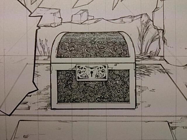 ちょっとだけリッチ感出そうと思って宝箱の外装の模様描いたら気持ち悪くなっちゃったなぁ 
