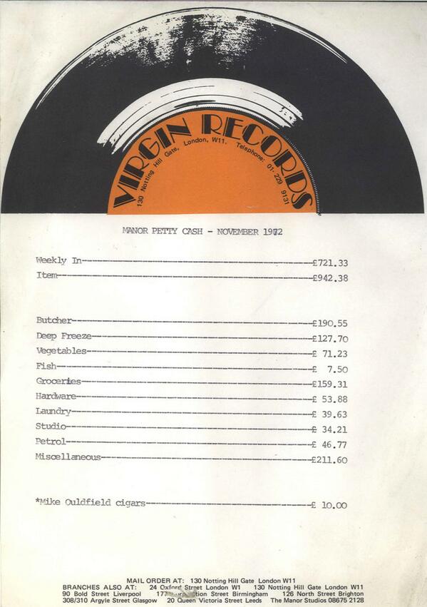 Here’s the petty cash from The Manor, 1972. Laundry, petrol - #rocknroll! virg.in/vpc