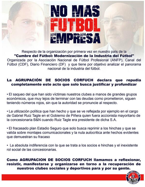 Socios_Corfuch's tweet photo. @tvn_deportes 
Agrupación Socios Corfuch, repudiamos tajantemente el Futbol Empresa. http://t.co/w1Lb8B7XLv