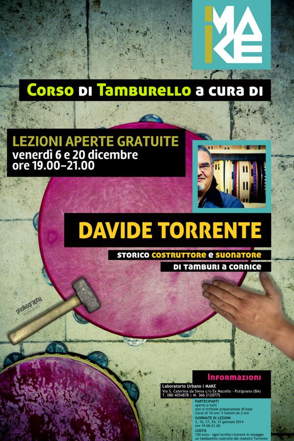imakelab's tweet image. Lezioni aperte gratuite di Tamburello con il Maestro Davide Torrente: venerdì 6 e 20 dicembre alle 19 c/o @imakelab