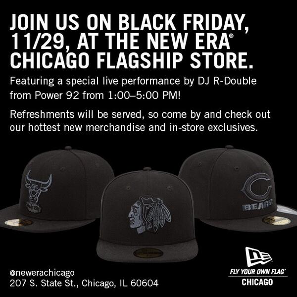 NewEraChicago's tweet photo. We have extended hrs (8am-8pm) on #BlackFriday so stop by @NewEraChicago &amp; see @DJRDOUBLE  perform from 1-5pm! http://t.co/vA2FUna8Py