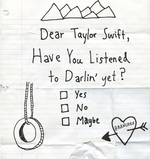 megZvd's tweet photo. Hey Taylor!! @TaylorSwift13! We also love songs about love. give "Darlin'" a listen? Pleease? http://t.co/lbdlTsL2Kt http://t.co/QxTAf9RggI