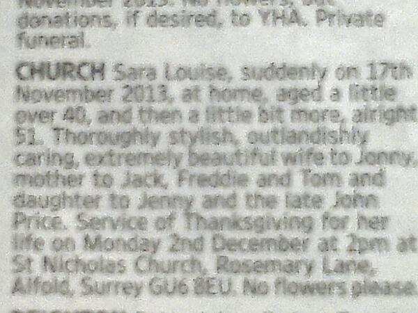 sissybuggins's tweet photo. From today's Times. What a lovely way to remember someone you love - paints a lasting picture of who she was to them http://t.co/DtebibrKWD