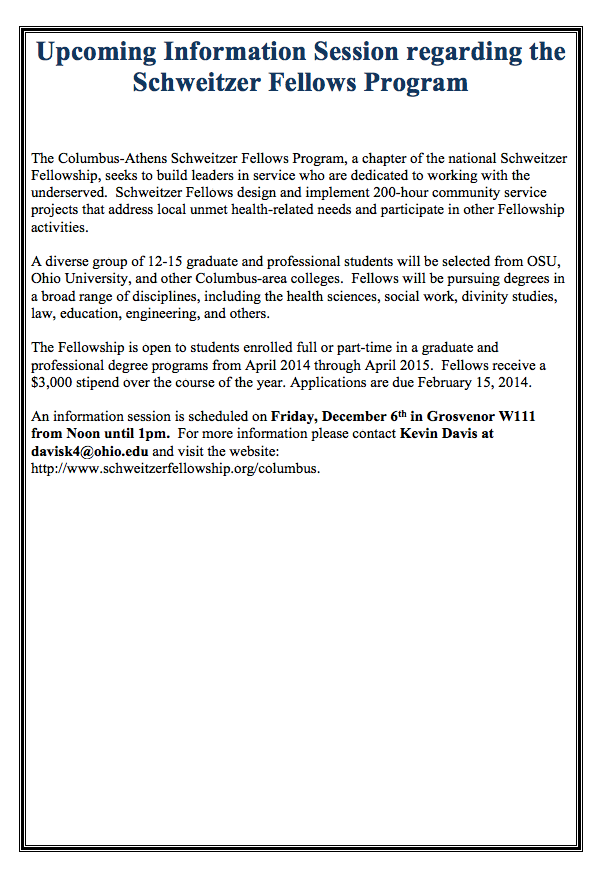 AthensAction's tweet photo. Interested in the Albert Schweitzer Fellowship? Come to the informational meeting on December 6th. http://t.co/d6XngAnKrs