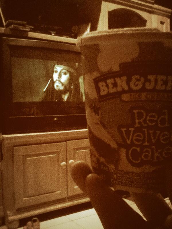 Watching my favorite movie and eating my favorite ice cream #piratesofthecaribbean #redvelveticecream