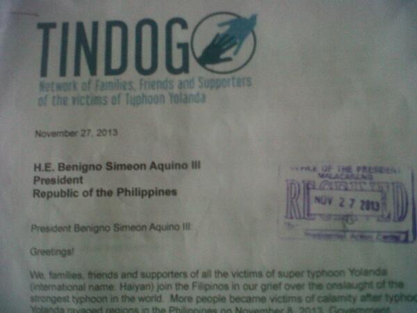 bayan_ncr's tweet photo. The Office of the President FINALLY received Tindog Network's 5-point demand letter for the victims of #YolandaPH http://t.co/8HpVJ0Gn6y