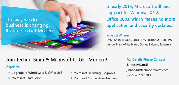 TechnoBrainLtd's tweet photo. Our #Get2Modern event in Tanzania to help your business move to #Windows8 and #Office2013 @mspartner http://t.co/Ok0lJyyg2L