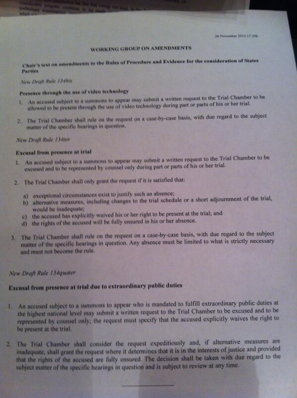OliverMathenge's tweet photo. ----> "@AmnestyCIJ: Full text of Rule134 bis ter quarter on presence through video and excusal: #ASP12 http://t.co/G8TNqw5oE0"