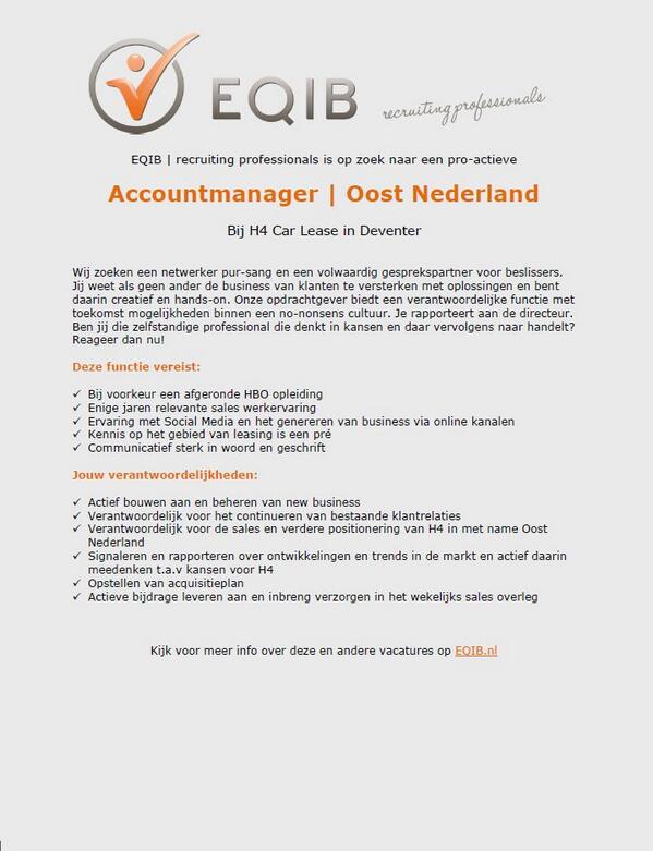 EQIB's tweet photo. Accountmanager | Oost Nederland bij H4 Car Lease in Deventer, #EQIB Recruiter Marion Teesink http://t.co/5mT1PAMxLD http://t.co/GRS8kH6IkP