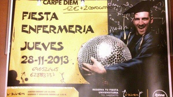 BENFERMERIA's tweet photo. FIESTA ENFERMERIA JUEVES 28. 12€+2Copas. Venta de entradas en Arrosadia: miercoles a partir de las 16.30 y jueves!! http://t.co/3OGij9zWuV