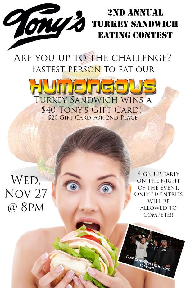 tonysrooftop's tweet photo. Hungry? Come compete in our annual Turkey Sandwich Eating Comp, tonight at 8!! $40 Bar tab up for grabs!! http://t.co/YHk7TXKi6h