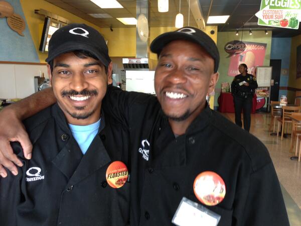 Anthony Gonzales and Johnnie Sellers enjoying a quick break, before getting back to the soup and subs. #sumterquiznos
