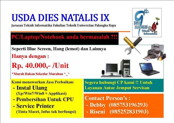 hmtiunpar's tweet photo. Dalam rangka menyambut Dies Natalis IX Jurusan T.Informatika Unpar, hmti menawarkan jasa servis murah,  cc @infoPLK http://t.co/nqN0n17uxd