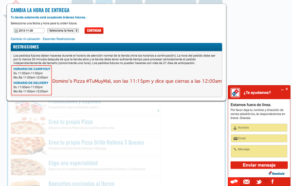 billyrovzar's tweet photo. Domino's Pizza no manda pizzas aunque dice que cierra a las 12:00am #EpicFail cc @dominosmx http://t.co/EfuRh12H44