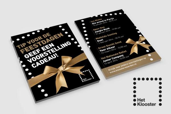 Flyer design voor <a href="/KloosterWoerden/">Het Klooster</a> Geef een voorstelling cadeau! + vermelding op de Infozuil infozuilwoerden.nl