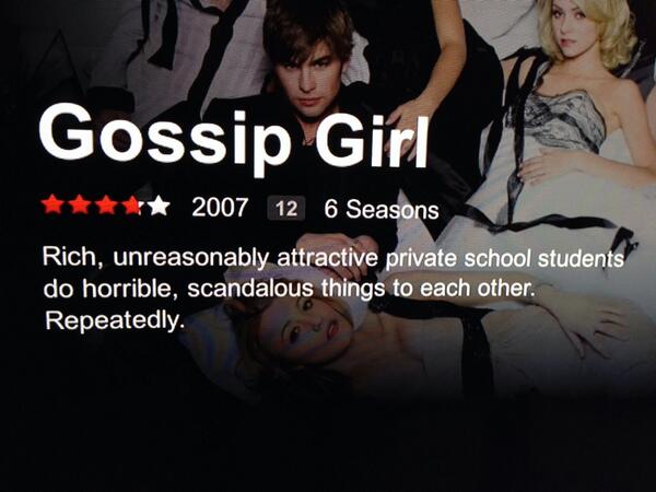 Riz on X: i've never seen 'gossip girl', but this netflix description of  it is great  / X