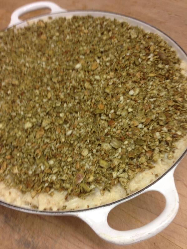 foodplayer's tweet photo. Potato, cauliflower, and pumpkin seed gratin. Delicious. http://t.co/u8rXAz4aYv
