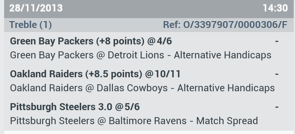 RafisBeard's tweet image. Turkey Day Treble
Pays 4.83/1 @WillHillBet 
#NFL #DETvsGB #DALvsOAK #BALvsPIT