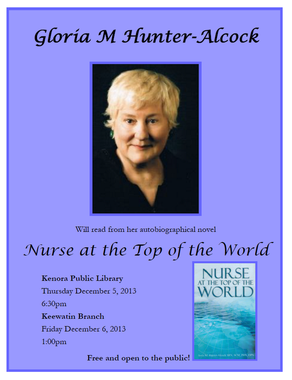 KenoraLibraries's tweet photo. Come listen to Gloria Hunter-Alcock's book reading at the KPL Dec 5 at 6:30pm or Keewatin branch Dec 6 at 1pm! http://t.co/60HhERsVYw