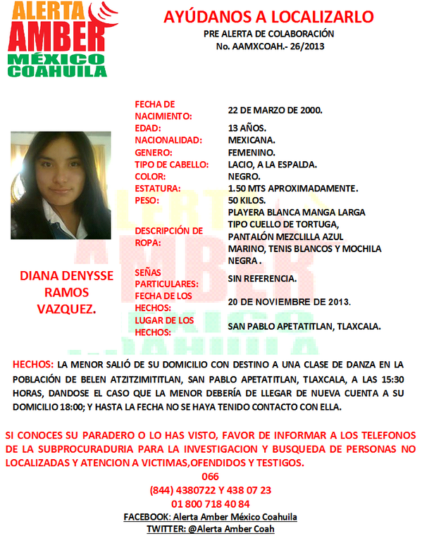 AlertaAmberCoah's tweet photo. COLABORACION DIANA DENYSSE RAMOS VAZQUEZ DE 13 AÑOS DE EDAD DE SAN PABLO APETATITLAN, TLAXCALA. @Desaparecidos05 http://t.co/aKXMVnlZ7g