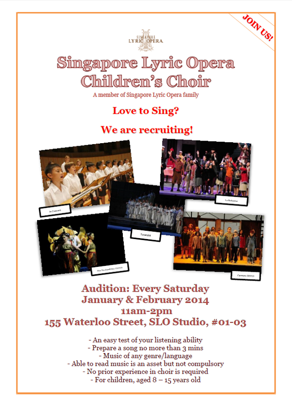 sglyricopera's tweet photo. Our Children's Choir is recruiting! Kindly call us at 6336 1929 for more details! http://t.co/eD1BOc0AB3
