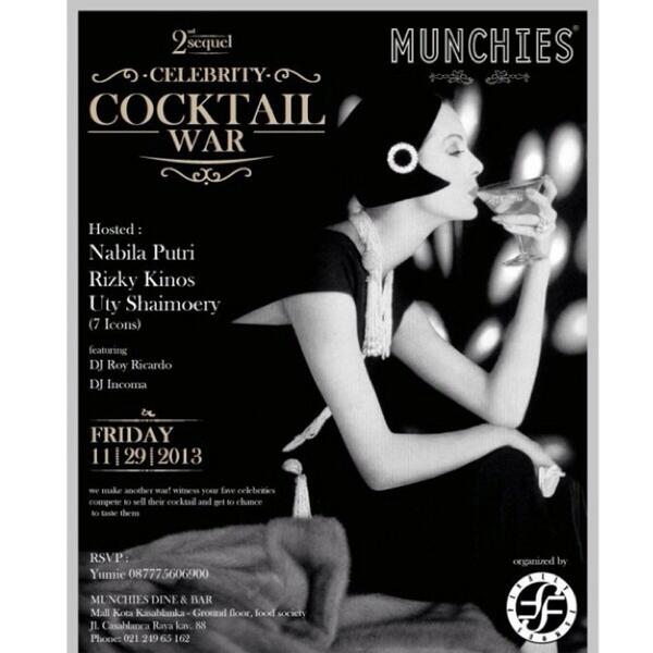 sarameys's tweet photo. 2cd Scquel 'Celebrity Cocktail War'
Tonight! At Munchies Dine &amp; Bar Kota Kasablanka @FinallyFamousID  #viaUberSocial http://t.co/CPuc54UwsX