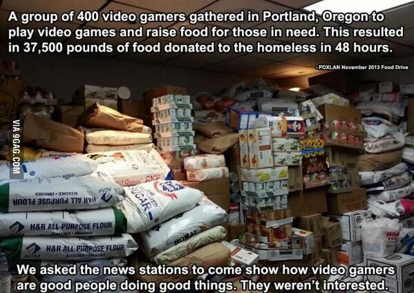 9GAG's tweet photo. PC gaming LAN party raised over thirty seven thousand pounds of food for local charity. Gamers can be kind. http://t.co/Au1ABVa1Xs