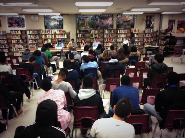 AYJSS_tdsb's tweet photo. A.Y. hosted its alumni visit from various colleges in the library. http://t.co/TlFMGaDqzd
