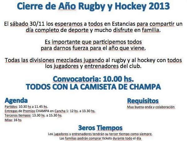 clubchampagnat's tweet photo. Mañana NO podes Faltar!! Cierre de año Hockey y Rugby en EDP! @barcachampa @HockeyChampa @CHAMPA_STONE http://t.co/VtXymqJbkm