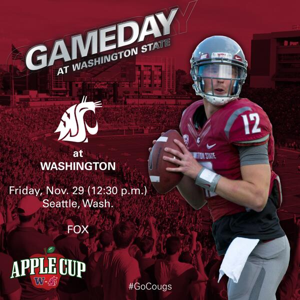 WSUCougars's tweet photo. It's #AppleCup Friday! @wsucougfb kicks off at Washington at 12:30 p.m. on FOX! #Gameday #GoCougs http://t.co/sLlG4zcZcH