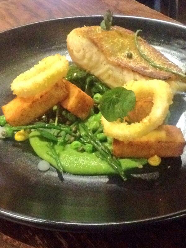 Halibut, minted peas, chickpea chips, lime gel, curry mayo, samphire, capers & squid #marketfish