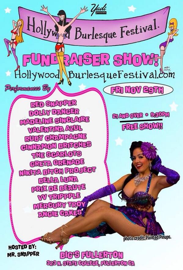 HollywoodBQFest's tweet photo. Tonight @yadipresents a #HBQFest #fundraiser at Bigs Grill in #Fullerton &amp; it's #FREE! #burlesque #events #fun #sexy http://t.co/rlCBCAoTWr