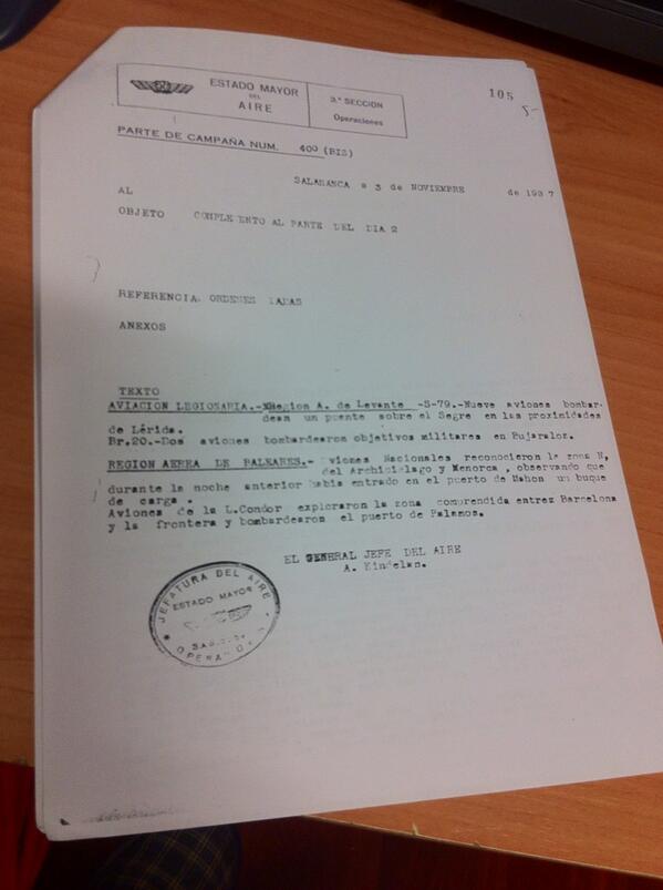 JordiGuardiolaF's tweet photo. Document del 3-11-1937 en que A.Kindelán -homenatjat ara per Defensa- signa el bombardeig de Lleida del dia abans. http://t.co/EP7Wh4mRyt