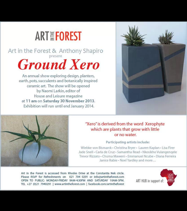 Ground Xero exhibition today at 11h00 at Art In The Forest. Will be opened by Naomi Larkin <a href="/houseleisureSA/">House and Leisure</a>