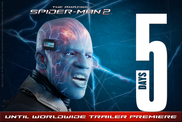 SpiderManMovie's tweet photo. In 5 DAYS Electro will shock the world in #TheAmazingSpiderMan 2 worldwide trailer premiere! http://t.co/vlAf6mkP4E