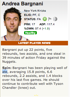 SportSpellCheck's tweet image. "Bargnani has been playing well of ate" #spellcheck @ESPNFantasy