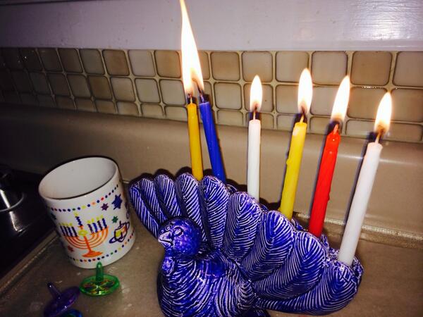 Daroff's tweet photo. The #menurkey is burning bright on the fifth night of #Thanksgivukkah - #Hanukkah! http://t.co/6jBR5SHWlt