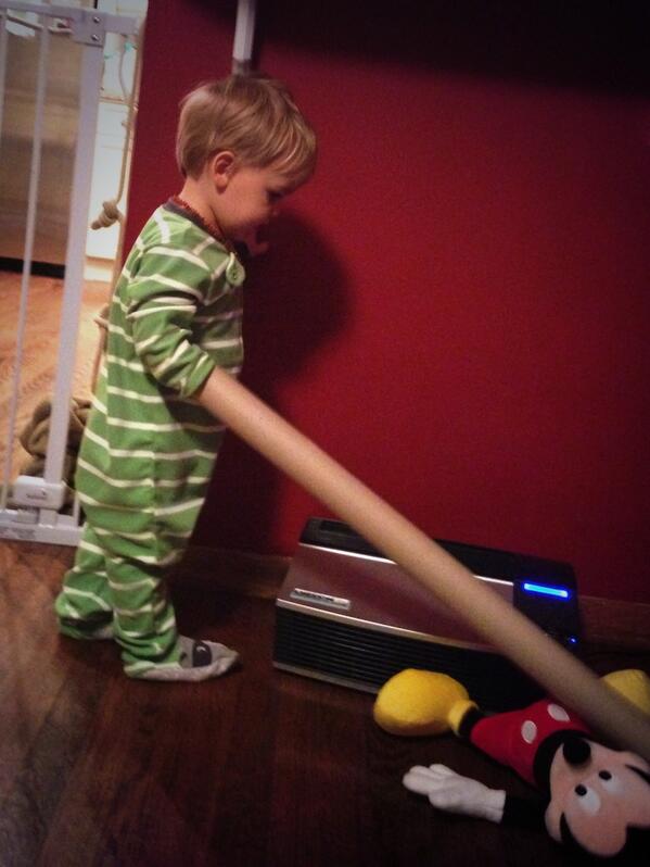 Even at 17 months old, every boy knows that anything long and skinny is also a sword. #boysareboys