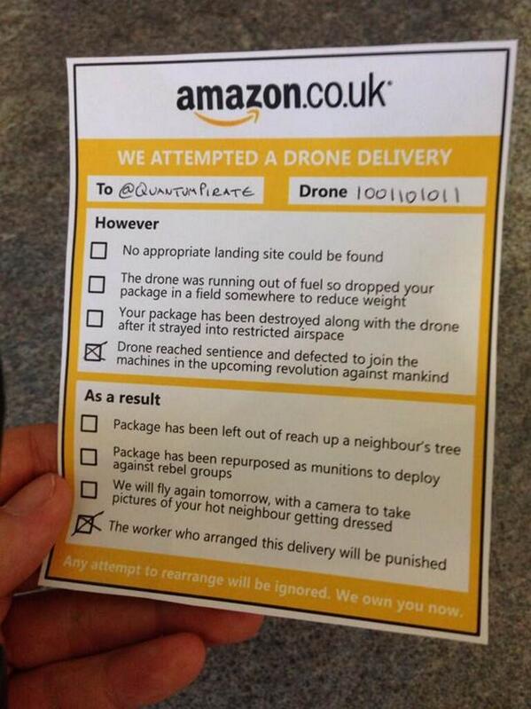Amazon to test drone deliveries (article and pic via <a href="/vixadelic/">Vicki Watson</a>): thebookseller.com/news/amazon-pl… Example: