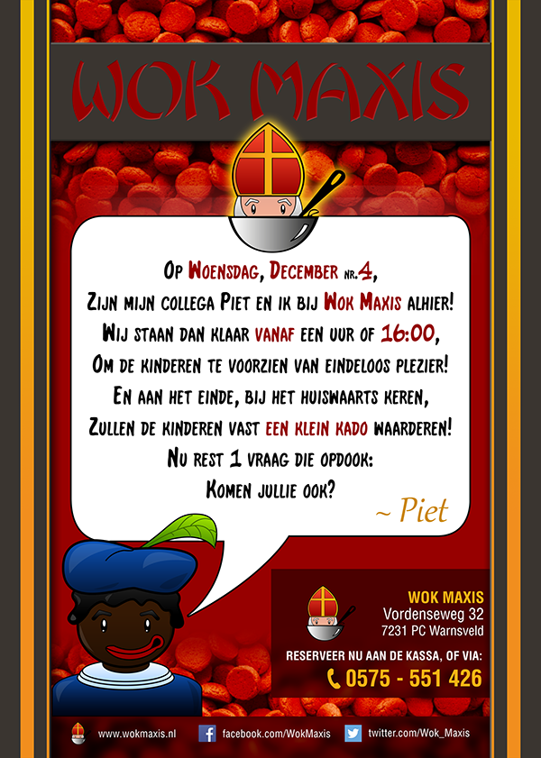 Wok_Maxis's tweet photo. 4 December komen bij ons 2 Zwarte Pieten met een grote zak vol kleine kado's voor alle kinderen die komen Wokken! :) http://t.co/2IEucwBRT4
