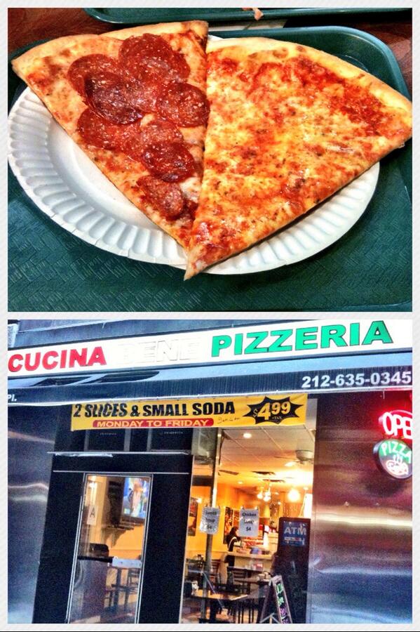 SecretNY Tip#1: 2 pizza slices & a soda $4.99 at Cucina Bene on Exchange Place. Great pizza, seating & bathrooms!