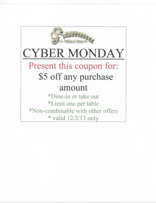 FiammaRochester's tweet photo. #CyberMonday Pull up this coupon on your smart phone/tablet or print it &amp; bring it in for 5 dollars off, today only! http://t.co/CfqXPg3uhd