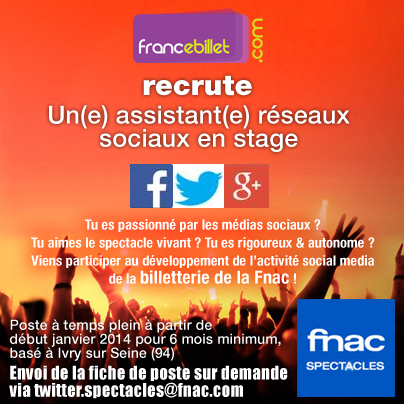 fnacspectacles's tweet photo. La billetterie Fnac recrute un ass. #SocialMedia en #Stage pour 6 mois à partir du 02/01. Postuler avant le 15/12 ! http://t.co/yhpJ1C1Ltz